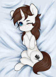 Size: 1746x2400 | Tagged: artist needed, safe, imported from derpibooru, oc, oc:flower star, unicorn, bed, chocolate mane, female, laying on bed, looking at you, lying down, lying on bed, mare, on bed, sapphire eyes, snuggles?, soft, sushi cutiemark, white coat
