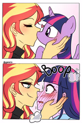 Size: 2000x3000 | Tagged: safe, artist:hanasakiyunarin, imported from derpibooru, sunset shimmer, twilight sparkle, alicorn, human, pony, equestria girls, 2 panel comic, blushing, boop, comic, duo, eyes closed, female, floating heart, heart, kiss on the lips, kissing, lesbian, magic, pony to human, shipping, sidemouth, simple background, sunsetsparkle, transformation, twilight sparkle (alicorn), white background