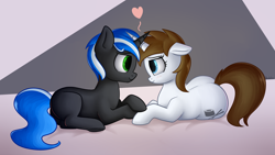 Size: 3840x2160 | Tagged: safe, artist:andelai, imported from derpibooru, oc, oc:flower star, oc:lapiz star, earth pony, unicorn, abstract background, hoof touching, looking at each other, sushi cutiemark