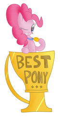 Size: 2048x4096 | Tagged: safe, artist:mr-degration, imported from derpibooru, pinkie pie, earth pony, pony, best pony, female, one eye closed, simple background, solo, trophy, white background, wink
