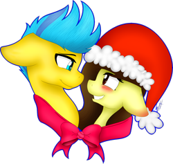 Size: 1640x1555 | Tagged: safe, artist:whitehershey, imported from derpibooru, oc, oc only, oc:white hershey, pony, blushing, christmas, duo, eye contact, female, hat, holiday, looking at each other, male, oc x oc, santa hat, shipping, simple background, transparent background