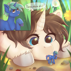 Size: 3000x3000 | Tagged: safe, artist:beer_cock, imported from derpibooru, oc, oc:flower star, oc:nova spark, tatzlwurm, unicorn, adorable face, commission, cute, flower, looking down, macro/micro, mystery, scientist, shrunk, thinking, ych result