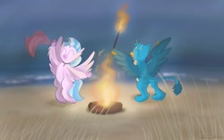 Size: 1280x805 | Tagged: safe, artist:addelum, imported from derpibooru, gallus, silverstream, griffon, hippogriff, beach, bipedal, butt, dancing, duo, eyes closed, female, fire, fog, grass, male, plot, torch