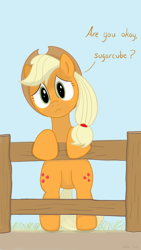 Size: 1080x1920 | Tagged: safe, artist:addelum, imported from derpibooru, applejack, earth pony, pony, bipedal, bipedal leaning, both cutie marks, female, fence, frown, leaning, looking at you, solo, talking to viewer, worried