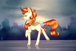 Size: 3000x2000 | Tagged: safe, artist:brilliant-luna, imported from derpibooru, autumn blaze, kirin, ear fluff, eyes closed, female, happy, open mouth, rain, rainbow, smiling, solo, tree