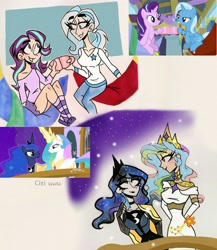 Size: 2857x3288 | Tagged: dead source, safe, artist:citi, imported from derpibooru, screencap, princess celestia, princess luna, starlight glimmer, trixie, human, best gift ever, road to friendship, clothes, cup, female, humanized, pajamas, royal sisters, scene interpretation, screencap reference, siblings, sisters, slippers, socks, striped socks