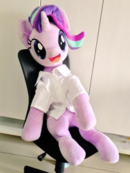 Size: 768x1024 | Tagged: safe, artist:nekokevin, imported from derpibooru, imported from ponybooru, starlight glimmer, pony, unicorn, series:nekokevin's glimmy, chair, clothes, cute, female, glimmerbetes, irl, life size, looking at you, mare, open mouth, photo, plushie, shirt, sitting, smiling, solo