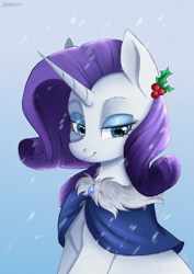 Size: 2894x4093 | Tagged: safe, artist:chickenbrony, artist:cottonaime, imported from derpibooru, rarity, pony, unicorn, clothes, eyeshadow, female, holly, holly mistaken for mistletoe, lidded eyes, makeup, mare, mistletoe, smiling, snow, solo