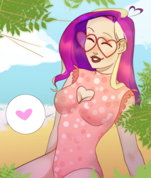 Size: 922x1080 | Tagged: safe, artist:azaani, imported from derpibooru, princess cadance, human, beach, boob window, breasts, canon, clothes, eyes closed, glasses, heart, heart glasses, heart shaped glasses, humanized, one-piece swimsuit, smiling, solo, swimsuit