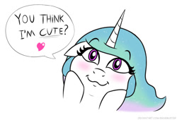 Size: 728x495 | Tagged: safe, artist:banebuster, imported from derpibooru, princess celestia, series:tiny tia, blushing, bronybait, cute, cutelestia, looking at you, simple background, speech bubble, talking to viewer, white background