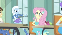 Size: 972x547 | Tagged: safe, imported from derpibooru, screencap, fluttershy, trixie, wiz kid, bird, a little birdie told me, equestria girls, equestria girls series, angry, blushing, female, male, pointing