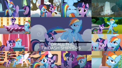 Size: 1280x721 | Tagged: safe, artist:quoterific, edit, edited screencap, editor:quoterific, imported from derpibooru, screencap, berry punch, berryshine, linky, princess celestia, rainbow dash, shoeshine, spike, twilight sparkle, alicorn, dragon, pegasus, pony, applebuck season, daring don't, deep tissue memories, dragonshy, fall weather friends, friendship is magic, horse play, lesson zero, read it and weep, season 1, season 2, season 4, season 5, season 6, season 8, tanks for the memories, the last roundup, the lost treasure of griffonstone, the ticket master, top bolt, spoiler:deep tissue memories, spoiler:s08, bag, bound wings, clothes, collage, female, golden oaks library, hat, lesbian, male, mare, party hat, rain, saddle bag, scarf, shipping, snow, train, twidash, twilight sparkle (alicorn), twilight's castle, wings, winter