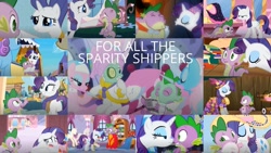 Size: 1280x721 | Tagged: safe, artist:quoterific, edit, edited screencap, editor:quoterific, imported from derpibooru, screencap, aloe, applejack, carrot top, fleur de verre, golden harvest, granny smith, lotus blossom, rarity, sapphire joy, spike, dragon, pony, unicorn, a dog and pony show, dragon dropped, dragon quest, green isn't your color, inspiration manifestation, molt down, secret of my excess, simple ways, spike at your service, the crystal empire, beefspike, collage, female, golden oaks library, male, mare, shipping, sparity, straight, winged spike, wings