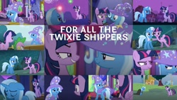 Size: 1280x720 | Tagged: safe, artist:quoterific, edit, edited screencap, editor:quoterific, imported from derpibooru, screencap, spike, starlight glimmer, trixie, twilight sparkle, alicorn, boast busters, magic duel, no second prances, collage, female, lesbian, shipping, twilight sparkle (alicorn), twilight's castle, twixie