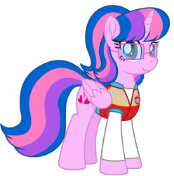 Size: 7891x7958 | Tagged: safe, artist:ejlightning007arts, imported from derpibooru, oc, oc only, oc:hsu amity, alicorn, pony, alicorn oc, clothes, crossover, cute, female, glasses, horn, looking at you, mare, paw patrol, ryder (paw patrol), simple background, transparent background, vector, vest, wings