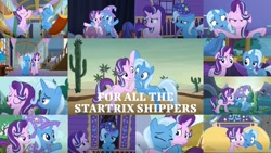 Size: 1280x720 | Tagged: safe, artist:quoterific, edit, edited screencap, editor:quoterific, imported from derpibooru, screencap, starlight glimmer, trixie, a horse shoe-in, all bottled up, best gift ever, no second prances, road to friendship, to change a changeling, to where and back again, cactus, cheek squish, collage, female, floppy ears, hat, i guess we're stuck together, inflatable raft, lesbian, nightcap, raft, school of friendship, shipping, squishy cheeks, startrix, trixie's puppeteering, trixie's wagon, we're friendship bound