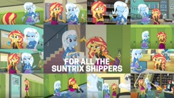 Size: 1280x720 | Tagged: safe, artist:quoterific, edit, edited screencap, editor:quoterific, imported from derpibooru, screencap, bulk biceps, curly winds, microchips, nurse redheart, some blue guy, sunset shimmer, trixie, wiz kid, equestria girls, equestria girls series, forgotten friendship, collage, female, geode of empathy, lesbian, magical geodes, shipping, suntrix