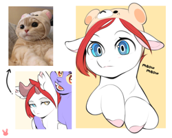 Size: 1000x805 | Tagged: safe, artist:sugarelement, imported from derpibooru, oc, oc:madeline, oc:red cherry, cat, unicorn, bear hat, ewe, hat, meme, meow