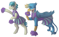 Size: 3300x2100 | Tagged: safe, artist:kikirdcz, imported from derpibooru, gallus, sandbar, griffon, pony, cheerleader, cheerleader gallus, cheerleader outfit, cheerleader sandbar, clothes, crossdressing, gallbar, gay, male, male cheerleader, shipping, simple background, transparent background