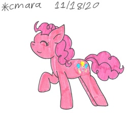 Size: 964x888 | Tagged: safe, artist:cmara, imported from derpibooru, pinkie pie, earth pony, pony, eyes closed, female, mare, raised hoof, simple background, solo, traditional art, white background