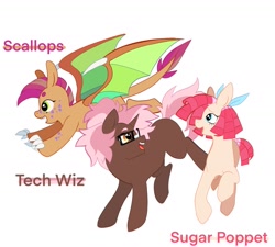 Size: 1543x1391 | Tagged: safe, artist:aztrial, imported from derpibooru, oc, oc:scallops, oc:sugar poppet, oc:tech wiz, dragon, earth pony, hybrid, pony, unicorn, glasses, interspecies offspring, magical lesbian spawn, offspring, parent:apple bloom, parent:button mash, parent:diamond tiara, parent:scootaloo, parent:spike, parent:sweetie belle, parents:diamondbloom, parents:scootaspike, parents:sweetiemash