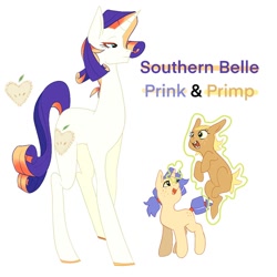 Size: 1024x1024 | Tagged: safe, artist:aztrial, imported from derpibooru, oc, oc:primp, oc:prink, oc:southern belle, earth pony, unicorn, bucktooth, floating, freckles, magical lesbian spawn, offspring, parent:applejack, parent:rarity, parents:rarijack, twins