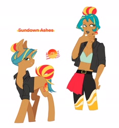 Size: 1783x1913 | Tagged: safe, artist:aztrial, imported from derpibooru, oc, oc:sundown ashes, unicorn, equestria girls, clothes, jacket, leather jacket, midriff, offspring, pants, parent:flash sentry, parent:sunset shimmer, parents:flashimmer, skirt