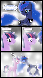 Size: 1280x2300 | Tagged: safe, artist:bigsnusnu, imported from derpibooru, princess luna, twilight sparkle, alicorn, pony, unicorn, comic:dusk shine in pursuit of happiness, blushing, dusk shine, duskluna, female, half r63 shipping, kissing, male, rule 63, shipping, straight, twiluna