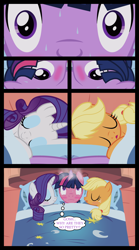 Size: 1280x2300 | Tagged: safe, artist:bigsnusnu, imported from derpibooru, applejack, rarity, twilight sparkle, comic:dusk shine in pursuit of happiness, appledusk, bed, blushing, dusk shine, dusk shine gets all the mares, duskjack, female, half r63 shipping, lesbian, lucky bastard, male, rarijacklight, rarilight, rarishine, rule 63, shipping, sleeping, straight, twijack