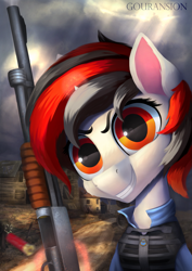 Size: 1663x2344 | Tagged: safe, artist:foxpit, artist:gouransion, imported from derpibooru, oc, oc only, oc:blackjack, pony, unicorn, fallout equestria, fallout equestria: project horizons, body armor, clothes, fanfic art, female, grin, gun, horn, jumpsuit, looking at you, mare, security armor, shooty look, short horn, shotgun, small horn, smiling, solo, vault security armor, vault suit, weapon, wrong eye color