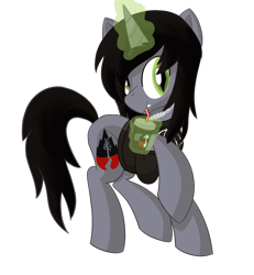 Size: 1261x1364 | Tagged: safe, artist:notadeliciouspotato, imported from derpibooru, pony, unicorn, clothes, cup, disguise, disguised siren, drink, drinking, drinking straw, fangs, gift art, glowing horn, happy, horn, jewelry, kellin quinn, looking at you, magic, male, necklace, ponified, raised hoof, shirt, simple background, slit eyes, slit pupils, smiling, solo, stallion, t-shirt, telekinesis, transparent background