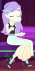 Size: 828x1653 | Tagged: safe, imported from derpibooru, screencap, snow flower, equestria girls, equestria girls series, sunset's backstage pass!, spoiler:eqg series (season 2), background human, clothes, cropped, drinking, feet, food, long skirt, op i can't see shit, open-toed shoes, sitting, skirt, solo, tea, toes