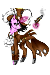 Size: 448x663 | Tagged: safe, artist:jvarts6112, imported from derpibooru, oc, oc only, oc:doctor gear, cyborg, pony, unicorn, antagonist, chains, christmas, clock, evil, feather, female, gears, glasses, gun, hat, holiday, magic, meta, oc villain, piercing, simple background, smiling, solo, steampunk, transparent background, villainess, weapon