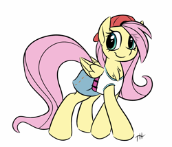 Size: 1280x1098 | Tagged: safe, artist:fakskis, imported from derpibooru, fluttershy, pegasus, pony, 90s grunge fluttershy, backwards ballcap, baseball cap, cap, chest fluff, clothes, cute, eye clipping through hair, female, folded wings, hat, looking at you, mare, shirt, shyabetes, simple background, skirt, smiling, solo, standing, t-shirt, three quarter view, white background, wings