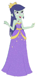 Size: 970x2048 | Tagged: safe, edit, edited screencap, imported from derpibooru, screencap, blueberry cake, equestria girls, equestria girls series, pinkie pie: snack psychic, background human, background removed, bare shoulders, beautiful, blue eyes, blue hair, clothes, dress, gold trim, green skin, hair bun, jewelry, long hair, lovely, necklace, pretty, purple dress, simple background, sleeveless, sleeveless dress, solo, strapless, strapless dress, transparent background