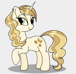 Size: 640x625 | Tagged: safe, artist:orcinuspony, imported from derpibooru, sweet biscuit, pony, unicorn, bedroom eyes, female, looking at you, mare, raised leg, simple background, smiling, solo