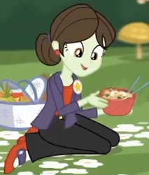 Size: 232x272 | Tagged: safe, imported from derpibooru, screencap, sophisticata, equestria girls, equestria girls series, lost and pound, spoiler:eqg series (season 2), background human, basket, bowl, chopsticks, cropped, ear piercing, earring, female, food, jewelry, noodle bowl, noodles, picnic basket, piercing, solo, soup