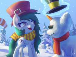 Size: 1280x960 | Tagged: safe, artist:grissaecrim, artist:raikoh, imported from derpibooru, oc, oc only, oc:kinesis, earth pony, pony, carrot, clothes, food, hat, magic, scarf, snow, snowpony, solo, telekinesis, this will end in life, top hat, winter