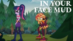 Size: 1920x1080 | Tagged: safe, edit, edited screencap, editor:quoterific, imported from derpibooru, screencap, sci-twi, sunset shimmer, twilight sparkle, equestria girls, equestria girls series, sunset's backstage pass!, spoiler:eqg series (season 2), caption, clothes, duo, duo female, female, geode of empathy, geode of telekinesis, magical geodes, mud, mud puddle, music festival outfit, outdoors, ponytail, trash talk