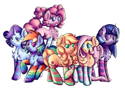 Size: 5358x3819 | Tagged: safe, artist:coco-drillo, imported from derpibooru, applejack, fluttershy, pinkie pie, rainbow dash, rarity, twilight sparkle, alicorn, earth pony, pegasus, pony, unicorn, alternate hairstyle, blushing, braided tail, cheerful, chest fluff, clothes, collage, compilation, crossed hooves, cute, ear fluff, folded wings, freckles, group, horn, jumping, kneesocks, looking up, mane six, pigtails, rainbow socks, raised hoof, simple background, socks, standing, stockings, striped socks, thigh highs, transparent background, twilight sparkle (alicorn), wings