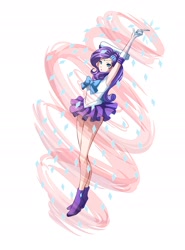 Size: 1432x1934 | Tagged: safe, artist:elyngontier, imported from derpibooru, rarity, human, armpits, clothes, female, gloves, high heels, humanized, long gloves, magical girl, sailor moon, schrödinger's pantsu, shoes, simple background, skirt, solo, white background