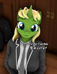 Size: 800x1038 | Tagged: safe, artist:arcanetesla, imported from derpibooru, oc, oc only, oc:mysti tesla, anthro, human, unicorn, 3d, :3, breasts, clothes, cute, looking at you, no shading, school uniform, sfm pony, solo, source filmmaker