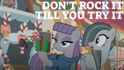 Size: 1920x1080 | Tagged: safe, edit, edited screencap, editor:quoterific, imported from derpibooru, screencap, marble pie, maud pie, best gift ever, christmas decoration, duo, hearth's warming, present, rock