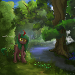 Size: 2048x2048 | Tagged: safe, artist:exploretheweb, imported from derpibooru, oc, oc:selketo, firefly (insect), insect, kirin, flower, forest, kirin oc, lake, long mane, looking at you, male, photo, plants, scenery, sky, solo, tail fluff, text, tree, water