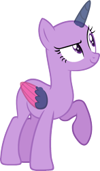 Size: 974x1652 | Tagged: safe, artist:pegasski, imported from derpibooru, oc, oc only, alicorn, pony, the beginning of the end, alicorn oc, bald, base, eyelashes, horn, looking back, looking up, open mouth, raised hoof, simple background, smiling, solo, transparent background, two toned wings, wings