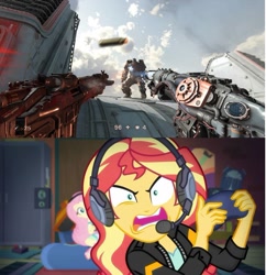 Size: 879x909 | Tagged: safe, artist:brandonale, imported from derpibooru, fluttershy, sunset shimmer, equestria girls, equestria girls series, game stream, spoiler:eqg series (season 2), gamer sunset, wolfenstein new colossus