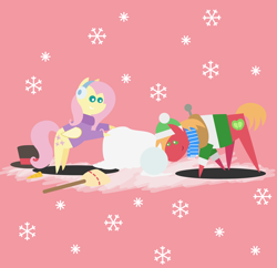 Size: 2232x2160 | Tagged: safe, anonymous artist, imported from derpibooru, big macintosh, fluttershy, earth pony, pegasus, pony, series:fm holidays, series:hearth's warming advent calendar, advent calendar, bipedal, bipedal leaning, broom, carrot, christmas, clothes, earmuffs, female, fluttermac, food, hat, holiday, leaning, lineless, male, pointy ponies, pushing, scarf, shipping, snow, snowflake, snowpony, straight, sweater, top hat, turtleneck, winter outfit