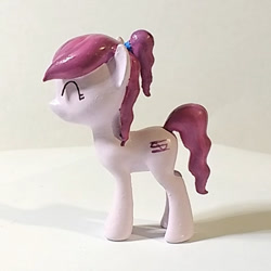 Size: 600x600 | Tagged: safe, artist:mraagh, imported from derpibooru, oc, oc only, oc:violet ray, earth pony, pony, 3d, 3d print, 3d printed, blender, cute, cutie mark, eyes closed, female, figurine, happy, irl, magenta mane, mare, painted, photo, pink coat, ponytail, sfm pony, simple background, solo, standing, wavy mane