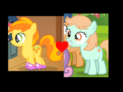Size: 2048x1536 | Tagged: safe, artist:grapefruitisbestpony, peach fuzz, peachy pie, earth pony, pony, black background, female, filly, heart, lesbian, peach sisters, peach twins, peachyfuzz, shipping, shipping domino, simple background