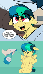 Size: 1069x1833 | Tagged: safe, artist:shinodage, imported from ponybooru, oc, oc:apogee, oc:delta vee, pegasus, bad pony, chest fluff, dialogue, female, filly, freckles, open mouth, pegasus oc, speech bubble, spray bottle, water, wings